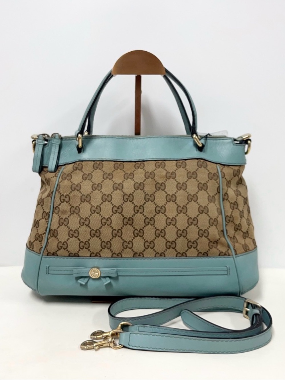 Gucci GG Canvas Shoulder Bag with Light Blue Trim